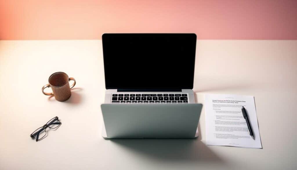 A clean, well-organized desk with a laptop, a pen, and some documents neatly arranged. A vibrant, pastel-colored background with a subtle gradient, creating a sense of depth and sophistication. Soft, warm lighting illuminates the scene, casting a gentle glow on the materials. The composition is balanced, with the laptop and documents taking up the center of the frame, surrounded by negative space that draws the eye inward. The overall atmosphere is one of productivity, focus, and a touch of minimalism, perfectly capturing the essence of an IPTV trial setup guide.