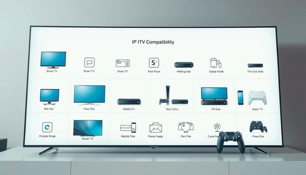 A crisp, informative visual overview of IPTV device compatibility. A sleek, minimalist interface showcases a range of popular streaming devices, including smart TVs, set-top boxes, mobile devices, and gaming consoles, presented in a clean, grid-like layout. Crisp product shots are complemented by concise icons and text, highlighting key compatibility details. The image is bathed in a soft, neutral palette, creating a professional, tech-savvy atmosphere, designed to clearly communicate streaming device options to the user. Captured with a high-quality camera lens, the scene is evenly lit, with a subtle depth of field that draws the viewer's attention to the central information.