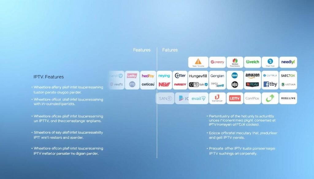 A modern, minimalist infographic displaying a side-by-side comparison of popular IPTV streaming services. In the foreground, clean iconography and concise text highlights key features, pricing, and platform compatibility. In the middle ground, a visual spectrum of service logos presented in a balanced grid layout. In the background, a subtle gradient backdrop in muted shades of blue and gray, conveying a sense of clarity and professionalism. Soft, diffused lighting illuminates the scene, creating depth and highlighting the comparative elements. The overall mood is informative, accessible, and visually compelling.