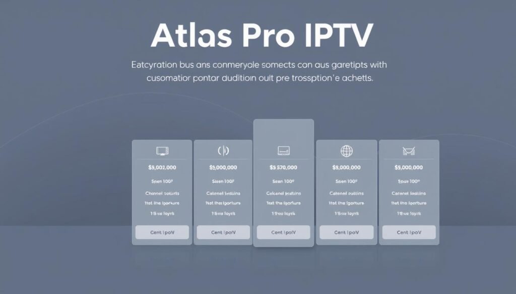 A sleek, minimalist illustration showcasing the subscription plans of Atlas Pro IPTV. In the foreground, a clean grid layout displays the different pricing tiers and plan details, rendered in a neutral color palette that complements the service's branding. The middle ground features elegant icons or graphics that symbolize the key features of each plan, such as channel counts, device limits, or streaming quality. The background subtly suggests a modern, high-tech environment, with soft gradients or geometric patterns evoking a sense of digital connectivity. The overall composition is balanced, visually appealing, and effectively communicates the range of subscription options available to potential Atlas Pro IPTV customers.
