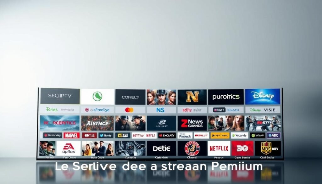 A sleek, modern IPTV service interface showcasing the diverse range of streaming channels available on Atlas Pro IPTV. A clean, minimalist design with a grid of channel logos and thumbnails displayed prominently against a neutral, soft-focus background. Subtle cinematic lighting emphasizes the high-quality visuals, while a sense of depth and perspective draws the viewer's attention to the center of the composition. The overall mood is one of premium, high-end entertainment, reflecting the "Présentation d'Atlas Pro IPTV : Le Service de Streaming Premium".