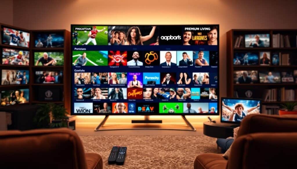 A vibrant and dynamic scene showcasing the diverse range of premium IPTV channels available during the trial period. In the foreground, a sleek, high-definition television displays a captivating array of content, from live sports to blockbuster movies and premium entertainment. The middle ground features various remote controls and smart devices, representing the seamless integration of IPTV technology into modern living. The background is filled with a soft, warm lighting, creating a cozy and inviting atmosphere, reflecting the premium quality of the content. The overall composition conveys a sense of excitement and anticipation, enticing the viewer to explore the wealth of premium channels accessible during the trial.