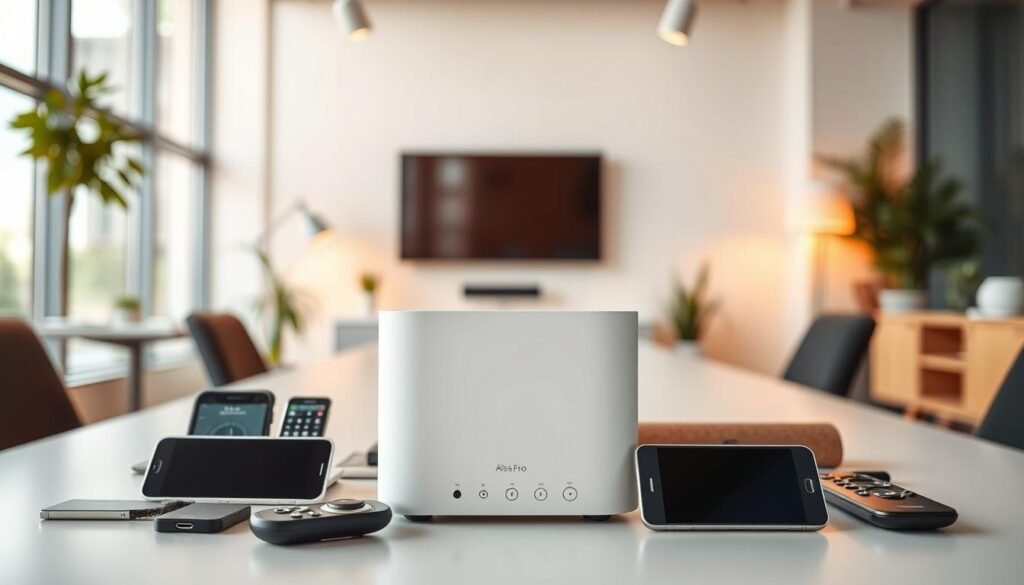 High-resolution, detailed, and realistic image of the "Configuration Atlas Pro multi-appareils" device. Show the device in a well-lit, clean, and modern office setting. The device should be prominently displayed in the foreground, surrounded by various electronic devices such as smartphones, tablets, and remote controls to highlight its multi-device compatibility. Use a slightly low angle perspective to create a sense of grandeur and importance. Ensure the image conveys the simplicity and user-friendliness of the setup process, with a clean and minimalist design aesthetic. Incorporate warm, natural lighting to create a welcoming and inviting atmosphere.