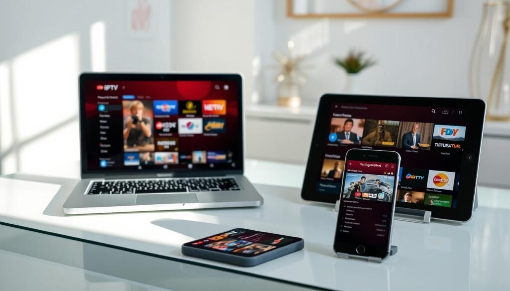 A serene and professional-looking workspace with a laptop, tablet, and smartphone prominently displayed. The devices showcase various IPTV service interfaces, highlighting their features and user-friendly designs. The lighting is soft and natural, creating a calming atmosphere. The background features minimal, elegant decor, allowing the technology to take center stage. The overall scene conveys a sense of trust, reliability, and the ease of trying out different IPTV services through their free trial offerings.
