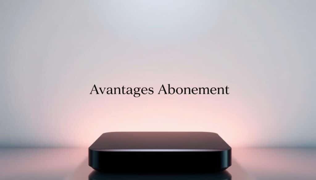 A sleek and modern IPTV subscription package with an array of premium features, set against a clean and minimalist background. In the foreground, a stylized icon or illustration representing the exclusive benefits, such as seamless 4K streaming, vast library of on-demand content, and multi-device compatibility. The middle ground showcases elegant typography highlighting the "Avantages Abonnement" or subscription advantages. Subtle lighting and soft gradients create a sense of depth and sophistication, evoking the high-quality experience of the Atlas Pro IPTV service.
