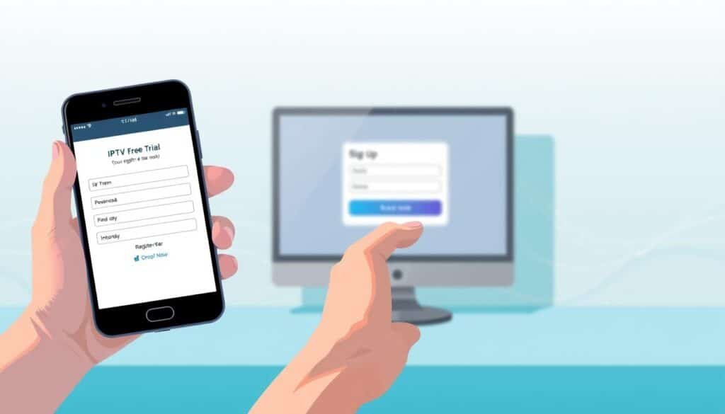 A bright, clean, and minimalist digital illustration depicting the IPTV free trial registration process. In the foreground, a hand holds a smartphone, the screen displaying a registration form with fields for personal information. A desktop computer with a signup page is visible in the middle ground, while the background features a subtle pattern of waves or abstract shapes, conveying a sense of technology and connectivity. The lighting is soft and diffused, creating a welcoming and approachable atmosphere. The overall composition emphasizes the simplicity and ease of the registration process, inviting the viewer to engage and explore the IPTV free trial offering.