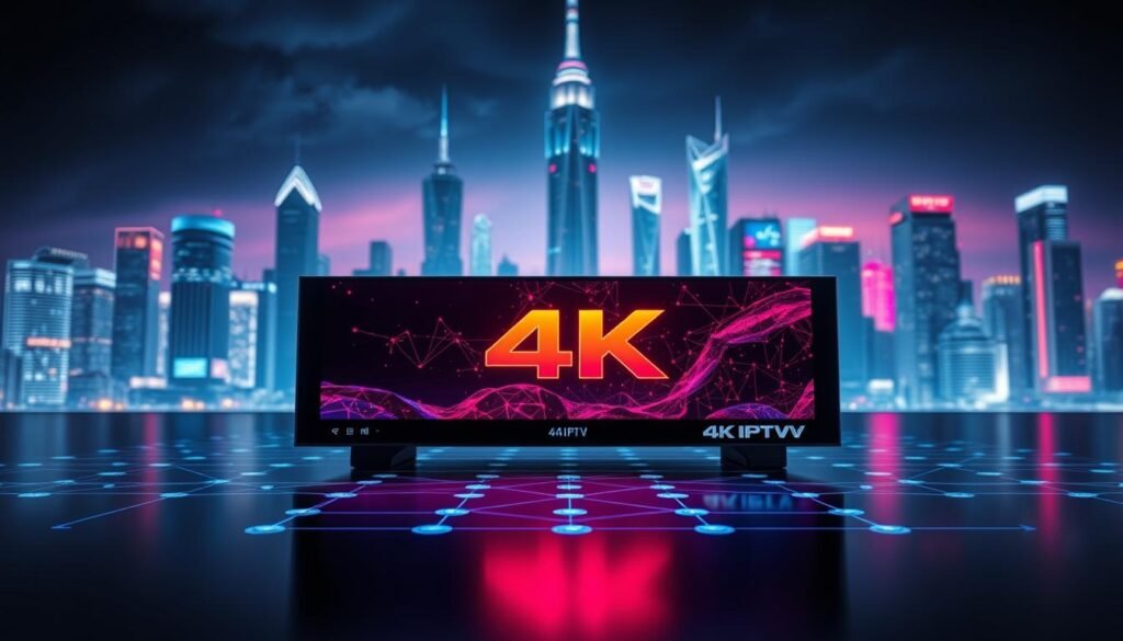 A cinematic, high-resolution 4K IPTV streaming technology display. In the foreground, a sleek, modern streaming device showcases a vibrant 4K video feed with exceptional clarity and color accuracy. The middle ground features a stylized network diagram, illustrating the seamless connectivity and low-latency data transmission powering the 4K IPTV experience. In the background, a futuristic cityscape with towering skyscrapers and glowing neon lights sets the stage for this advanced technological marvel. Soft, directional lighting casts dramatic shadows, emphasizing the sharp lines and angular design of the 4K IPTV components. The overall atmosphere evokes a sense of technological sophistication and the cutting edge of multimedia entertainment.