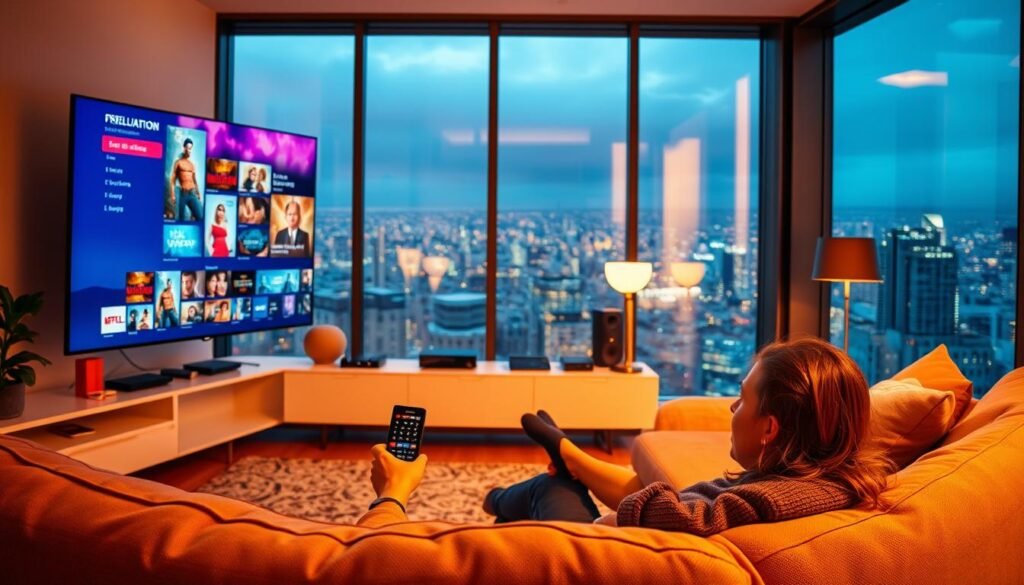 A cozy living room scene, bathed in warm ambient lighting. In the foreground, a person sits comfortably on a plush sofa, a sleek wireless remote in hand, captivated by the vibrant, high-definition image on a large flat-screen TV. The television displays an array of premium content, hinting at the boundless entertainment options available through an IPTV free trial. In the middle ground, a modern, minimalist entertainment center houses various streaming devices, seamlessly integrating the latest smart home technology. The background features a panoramic window, offering a glimpse of a bustling cityscape beyond, conveying a sense of urban sophistication and limitless possibilities for the viewer's entertainment experience.