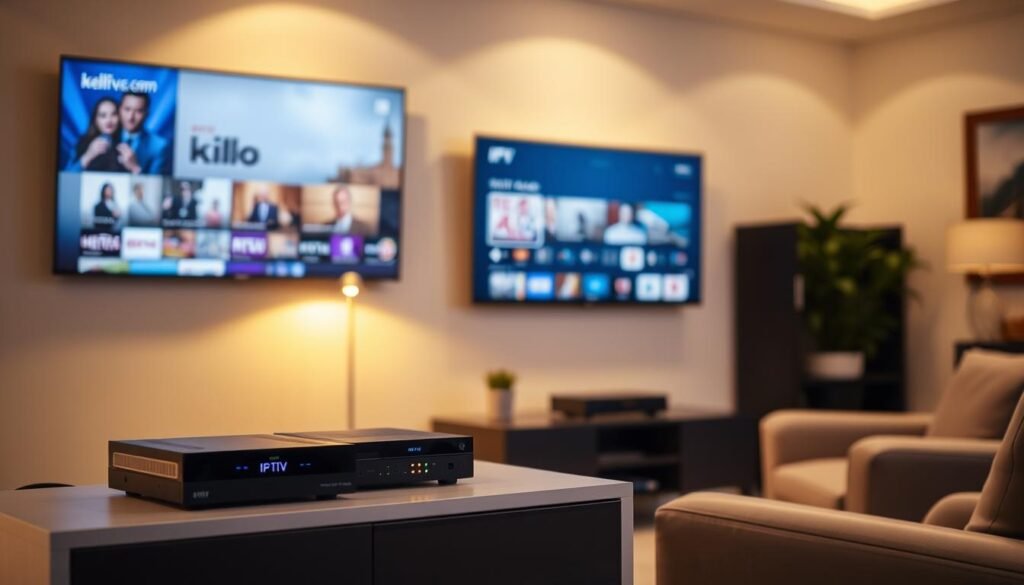 A cozy living room setting with a modern flat-screen TV mounted on the wall, displaying a diverse selection of video-on-demand content. The room is illuminated by warm, soft lighting, creating a relaxed and inviting atmosphere. In the foreground, a sleek, minimalist media console houses various IPTV streaming devices, their status indicators glowing softly. The middle ground features a comfortable sofa and a plush armchair, inviting the viewer to sit back and enjoy the available on-demand entertainment options. The background showcases a tasteful, contemporary decor, complementing the overall refined and sophisticated ambiance.