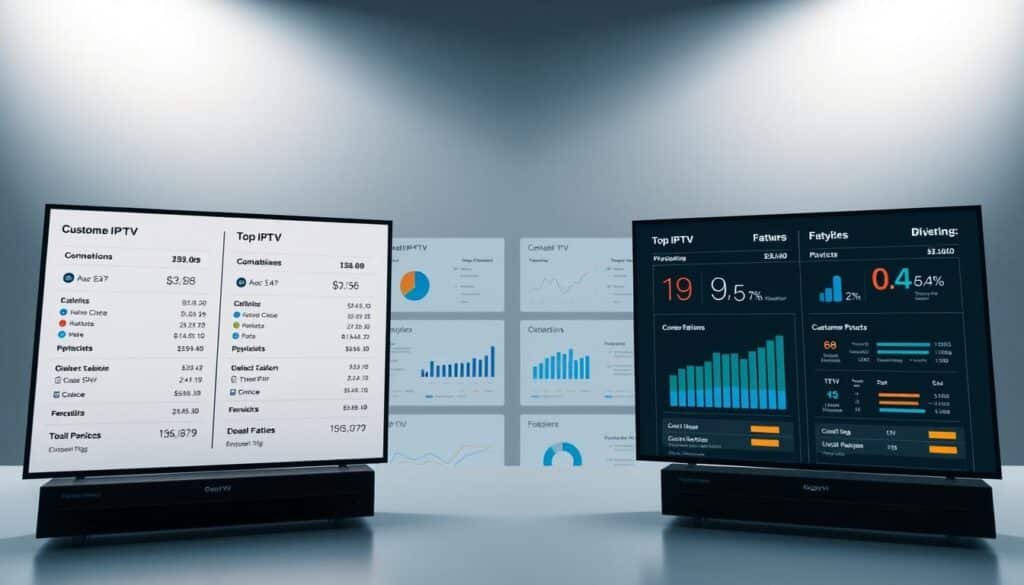 A crisp, detailed comparison of top IPTV service providers, showcased against a sleek, modern backdrop. The foreground features side-by-side product cards with key specifications - channel count, pricing, device compatibility, and customer ratings. The middle ground displays neatly organized data visualizations, highlighting the providers' performance metrics and feature offerings. The background is a subtle gradient, drawing the eye to the central comparison, with soft, directional lighting accentuating the clean, professional aesthetic. The overall mood is one of informed decision-making, empowering the viewer to confidently evaluate and select the IPTV service best suited to their viewing needs.