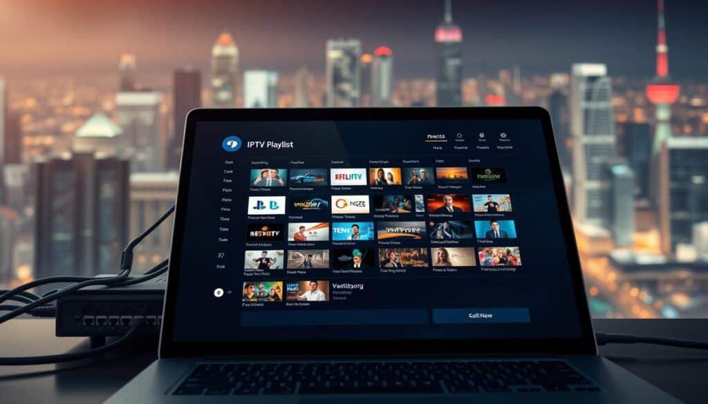 A detailed and realistic illustration of IPTV playlist streaming technology. In the foreground, a laptop or tablet screen displays an IPTV playlist interface with various channel icons and controls. The middle ground features a network router, cables, and other digital hardware components, conveying the technical infrastructure powering IPTV. The background depicts a vibrant cityscape, suggesting the global reach and scale of IPTV services. The lighting is soft and diffused, creating a modern, sleek aesthetic. The camera angle is slightly elevated, providing an immersive, bird's-eye view of the scene. The overall mood is one of sophistication, connectivity, and the seamless convergence of media and technology.