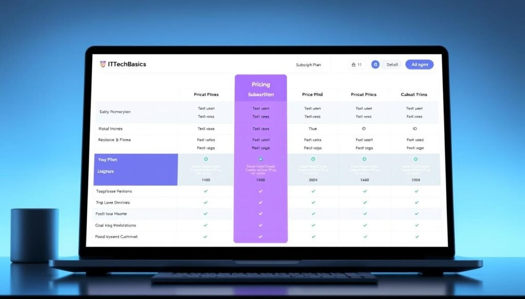 A detailed and visually appealing pricing table showcasing the various subscription plans offered by ITTechBasics. The table is presented on a sleek, modern desktop with a subtle gradient background, creating a professional and minimalist ambiance. The pricing tiers are displayed in a clean, organized manner, with clear delineation between the different plans. The overall composition strikes a balance between informative clarity and aesthetic appeal, making it an ideal visual accompaniment to the "Pricing Structure and Subscription Plans" section of the article.