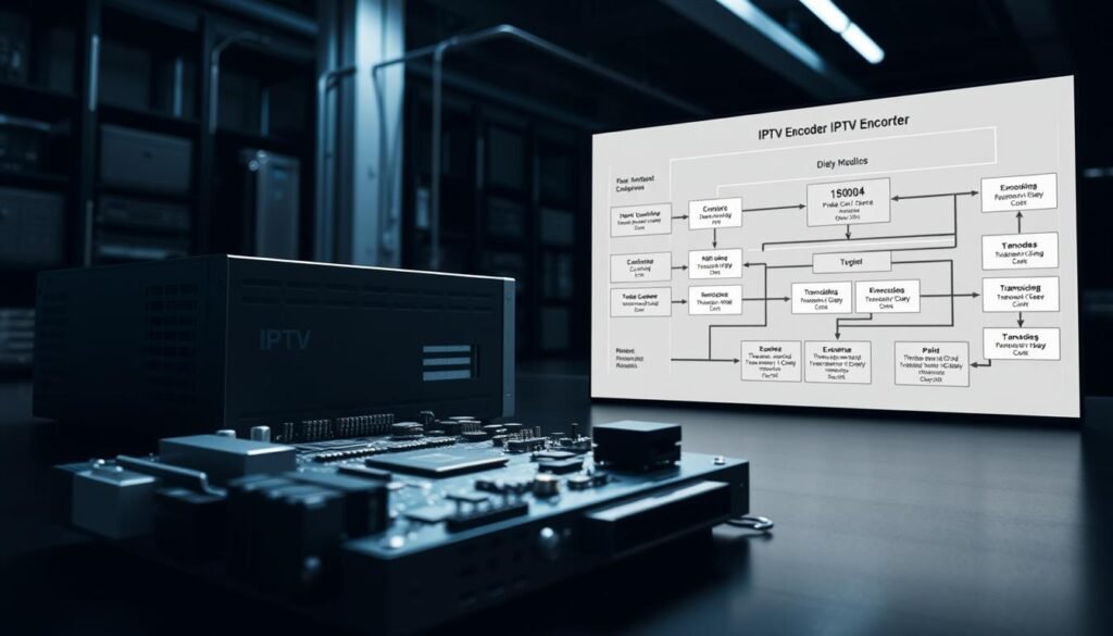A detailed technical diagram of an IPTV encoder system. In the foreground, a complex circuit board with various electronic components, processors, and input/output ports. In the middle ground, a 3D model of the encoder hardware enclosure, sleek and modern design. In the background, a schematic diagram illustrating the data flow and signal processing stages of the IPTV encoding process, with labeled modules for video/audio capture, encoding, transcoding, and network transmission. Subdued industrial lighting casts dramatic shadows, highlighting the intricate details. The overall tone is one of precision engineering and sophisticated digital media technology.