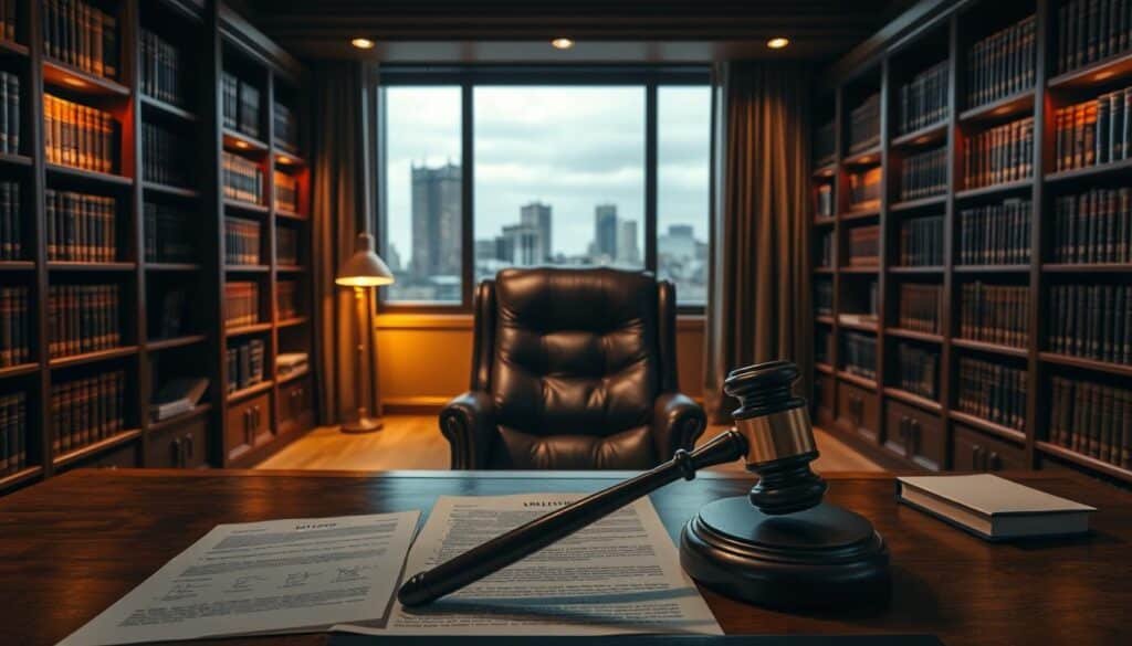 A dimly lit legal office interior, with a sense of professionalism and authority. In the foreground, a wooden desk with a laptop, legal documents, and a gavel resting on top. Bookcases filled with law books line the walls, casting warm, focused lighting throughout the scene. In the middle ground, a comfortable leather chair faces the desk, suggesting a client-attorney consultation. The background features large windows overlooking a cityscape, hinting at the broader legal landscape. The overall mood is one of seriousness, expertise, and the importance of understanding the legal aspects of the deiptv service.