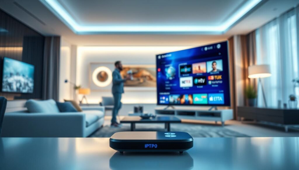 A futuristic IPTV streaming concept. In the foreground, a sleek smart TV or streaming device displaying a dynamic interface showcasing various IPTV channels and services. The middle ground features a user interacting with the device through voice commands or a minimalist remote control, conveying the ease of use and accessibility of IPTV technology. The background depicts a modern living room with contemporary furniture and lighting, creating a cozy and immersive entertainment environment. The scene is illuminated by a soft, diffused lighting, highlighting the high-quality visuals and seamless integration of IPTV into the home. The overall mood is one of technological advancement, convenience, and boundless entertainment possibilities.