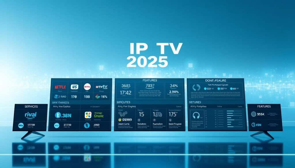 A futuristic, data-driven comparison of the top IPTV services in 2025, presented against a sleek, minimalist backdrop. In the foreground, a grid of high-resolution service icons, each accompanied by key performance metrics such as channel count, bitrate, and pricing. The middle ground showcases detailed feature breakdowns, with intuitive infographics highlighting the unique capabilities of each provider. The background features a subtle, holographic grid, conveying a sense of technological innovation and cutting-edge advancements in the IPTV landscape. Lighting is clean and directional, with a cool, azure color palette reflecting the digital nature of the subject matter. The overall composition strikes a balance between form and function, inviting the viewer to explore and compare the leading IPTV options of the future.