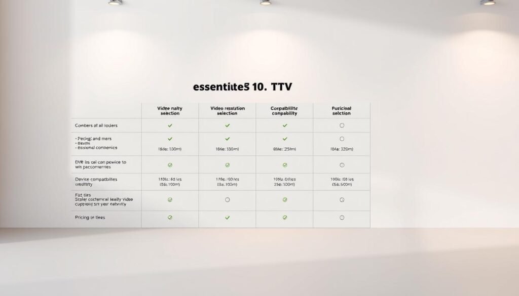 A high-quality, highly detailed 3D render of a comparison table displaying the essential IPTV streaming features, including video resolution, channel selection, DVR capabilities, device compatibility, and pricing tiers. The table is presented against a clean, minimalist backdrop with a soft, warm lighting setup that highlights the crisp, legible text and icons. The overall composition has a professional, informative tone to align with the subject matter of the article section.
