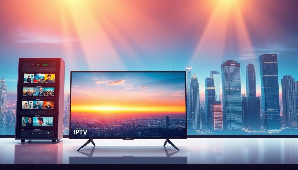 A high-quality, highly-detailed illustration of IPTV streaming technology, showcasing a dynamic and modern interface. The foreground features a sleek, minimalist smart TV displaying a live TV stream, with various content thumbnails and interface elements. The middle ground depicts a server rack and network equipment, symbolizing the underlying infrastructure that powers IPTV. The background showcases a futuristic cityscape with skyscrapers and a vibrant, neon-lit skyline, emphasizing the cutting-edge, technological nature of IPTV. The lighting is warm and inviting, with subtle rays of light illuminating the scene. The overall mood is one of innovation, connectivity, and the seamless integration of modern entertainment technology.