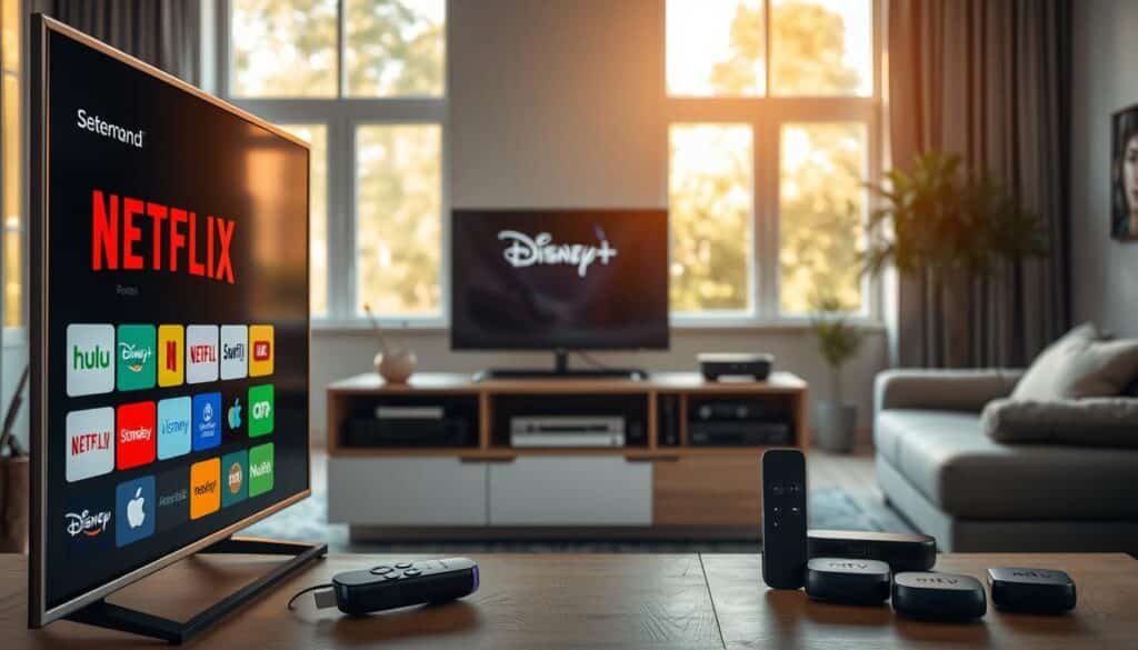 A high-resolution photorealistic image of a home entertainment setup showcasing various legal streaming options in the United States. The foreground features a modern flat-screen TV with icons representing popular streaming services like Netflix, Hulu, Disney+, and Amazon Prime Video. In the middle ground, a sleek media console houses various streaming devices such as Roku, Apple TV, and Android TV. The background depicts a cozy living room setting with large windows allowing natural light to filter in, creating a warm and inviting atmosphere. The overall composition emphasizes the diversity and accessibility of legal streaming options available to American consumers.