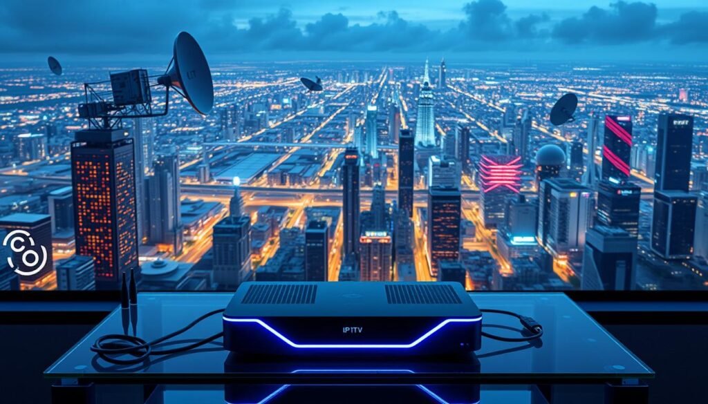 A high-tech landscape of the modern IPTV ecosystem. In the foreground, a sleek, futuristic IPTV set-top box on a glass table, with various cable connections and wireless signals emanating from it. In the middle ground, a complex web of servers, data centers, and satellite dishes, representing the infrastructure that powers IPTV services. In the background, a panoramic view of a sprawling city skyline, symbolizing the widespread adoption and integration of IPTV technology in the urban landscape. The scene is bathed in a cool, blue-tinted lighting, conveying a sense of technological sophistication and innovation. The overall composition evokes the advanced, interconnected, and ubiquitous nature of IPTV streaming technology.