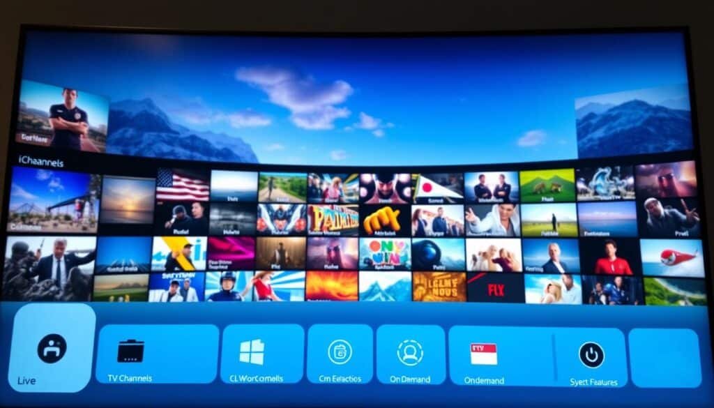 A modern IPTV service featuring a sleek, high-definition interface showcasing a wide array of live TV channels, on-demand content, and advanced features. The foreground displays a minimalist, user-friendly menu with clear icons for various categories, while the middle ground depicts smooth transitions between different media types. The background showcases a vibrant, colorful array of digital landscapes, hinting at the extensive library of entertainment options available. The lighting is crisp and natural, creating a sense of depth and clarity. The camera angle is slightly elevated, providing an immersive, panoramic view of the service's capabilities.
