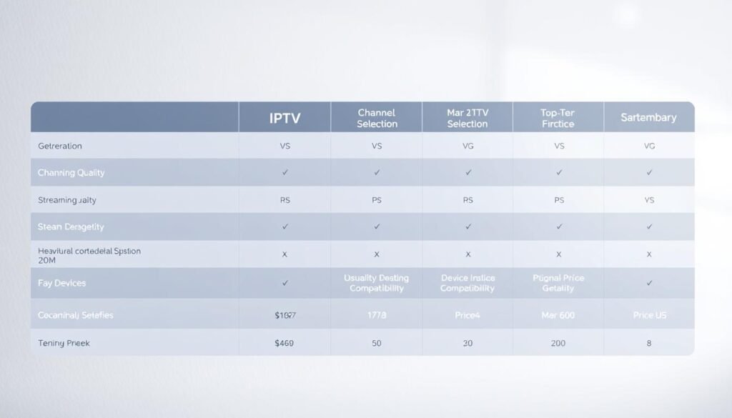 A modern and visually appealing comparison table showcasing key features of top-tier IPTV services. The table is presented in a clean, minimalist style with clear delineation between columns and rows, highlighting essential details like channel selection, streaming quality, device compatibility, and pricing. The background has a subtle gradient or texture, creating a professional and informative visual aid. Soft lighting and a slightly angled camera perspective give the image a sense of depth and sophistication, making it suitable for inclusion in a high-quality article on IPTV service selection.