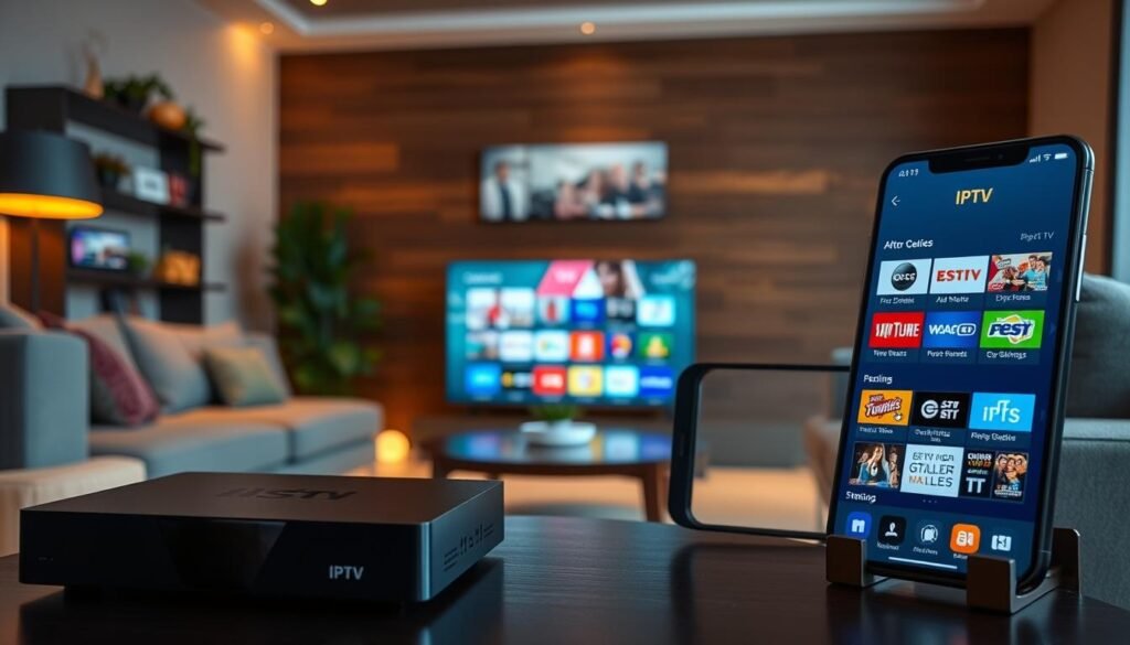 A modern living room filled with various streaming devices showcasing affordable IPTV services. In the foreground, a sleek black set-top box and a smartphone displaying a vibrant IPTV interface with a diverse selection of live TV channels and on-demand content. The middle ground features a comfortable sofa and a coffee table, creating a cozy home entertainment setup. The background depicts a large flat-screen TV mounted on the wall, illuminated by warm, indirect lighting that sets a relaxed atmosphere. The overall scene conveys the convenience and affordability of IPTV streaming in a practical, everyday home environment.