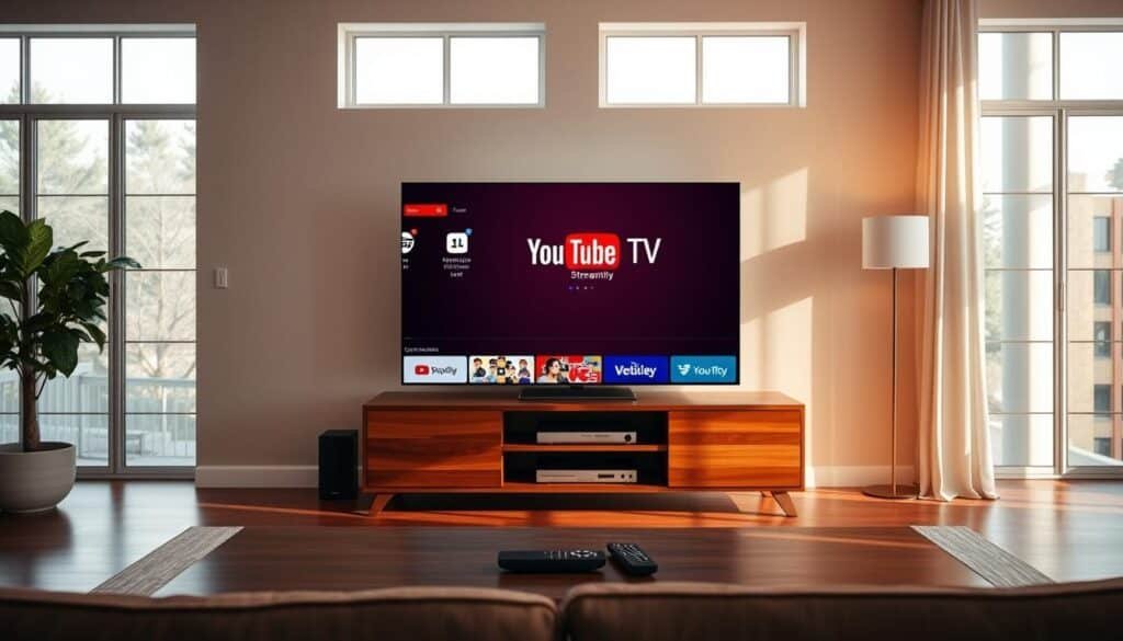 A modern, minimalist digital display showcasing the YouTube TV streaming service. In the foreground, a sleek, high-definition smart TV screen presents the YouTube TV interface, featuring live television channels, on-demand content, and DVR options. The middle ground shows a tasteful, wooden entertainment center with a high-end sound system and remote controls, creating a cozy, living room atmosphere. The background is a warm, well-lit room with large windows, allowing natural light to bathe the scene in a soft, inviting glow. The overall mood is one of sophistication, comfort, and the seamless integration of technology into the modern home.