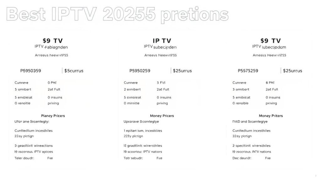 A modern, minimalist infographic depicting various IPTV subscription pricing options. A clean, white background with a simple grid layout showcasing different plan tiers, their respective prices, and key features in a clear, easy-to-understand manner. Subtle use of pastel color accents to highlight important details. Thoughtfully arranged elements create a sense of balance and hierarchy, guiding the viewer's eye through the information. The overall aesthetic is professional, elegant, and aligned with the "Best IPTV 2025 Services" theme.