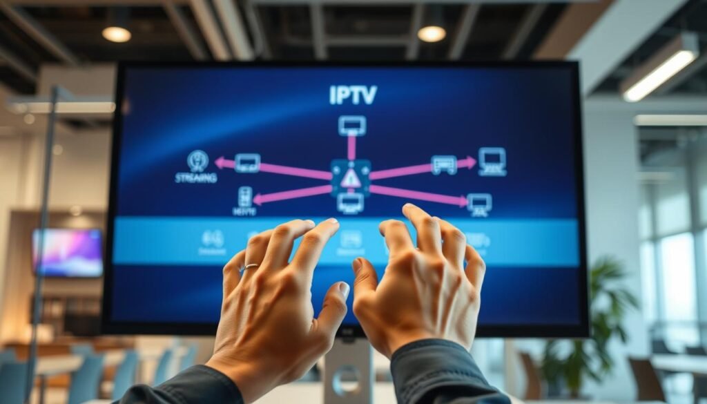 A modern office setting with a large computer monitor displaying an IPTV streaming interface. The screen shows a network diagram, with various icons representing streaming servers, content providers, and user devices. In the foreground, a person's hands are interacting with the interface, highlighting the seamless user experience. Soft, directional lighting emphasizes the technical details, while the background features blurred office elements to maintain focus on the IPTV technology. The overall atmosphere conveys a sense of understanding and exploration of this innovative streaming solution.