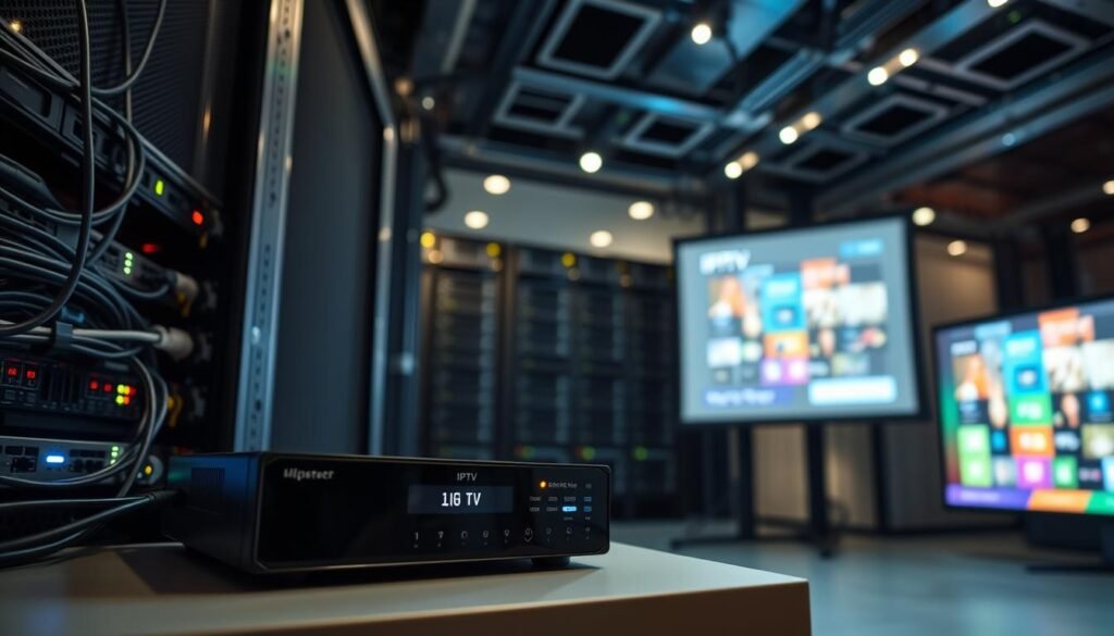 A modern server rack in a dimly lit data center, with cables and blinking lights illuminating the scene. In the foreground, a sleek IPTV set-top box sits prominently, its interface displaying a live stream with crisp, high-definition visuals. The middle ground features a network switch and routers, symbolizing the seamless connectivity powering the IPTV system. In the background, a projection screen showcases a vibrant, colorful user interface, representing the intuitive experience of IPTV streaming. The overall atmosphere is one of technological sophistication and innovation, capturing the essence of a cutting-edge IPTV solution.