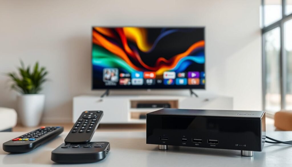 A modern, sleek IPTV streaming setup with a smart TV displaying a vibrant, high-definition image. In the foreground, a high-end streaming device with multiple ports and wireless connectivity rests on a minimalist entertainment unit. The middle ground showcases a variety of remote controls, highlighting the seamless integration between devices. The background features a minimalist, well-lit living room with large windows, allowing natural light to flood the scene and create a warm, inviting atmosphere. The overall composition conveys the advanced, yet user-friendly nature of IPTV technology for seamless home entertainment.
