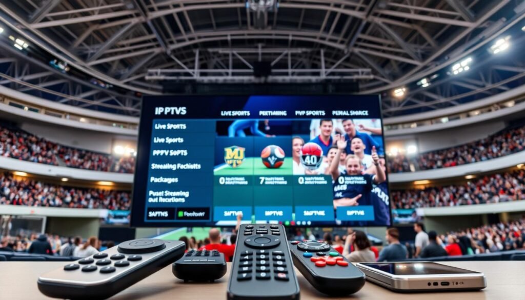 A modern sports arena with a large video screen displaying various IPTV streaming package options. In the foreground, sleek remote controls and smart devices are arranged, hinting at the ease of accessing live sports and PPV events from the comfort of home. The middle ground features a group of sports fans enthusiastically reacting to the on-screen action, capturing the energy and excitement of the streaming experience. The background showcases the arena's impressive architecture, with high ceilings and dynamic lighting creating a professional, high-tech ambiance. The overall scene conveys the seamless integration of cutting-edge IPTV technology with the thrill of live sports and premium entertainment.