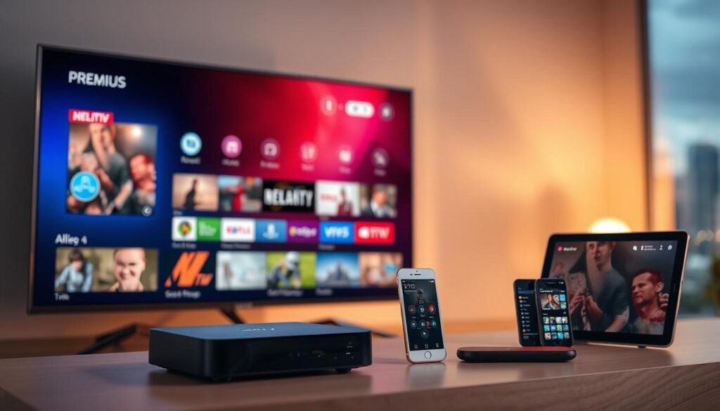 A premium IPTV subscription is displayed in a sleek, minimalist design. The foreground features a modern smart TV with a crisp, high-definition screen displaying a variety of content options. The middle ground showcases various devices compatible with the IPTV service, such as a streaming box, smartphone, and tablet, all connected seamlessly. The background is a softly blurred cityscape, hinting at the global accessibility of the service. The overall scene is bathed in a warm, ambient lighting, conveying a sense of premium quality and advanced technology. The composition is balanced, with a focus on the key features and benefits of the IPTV subscription.