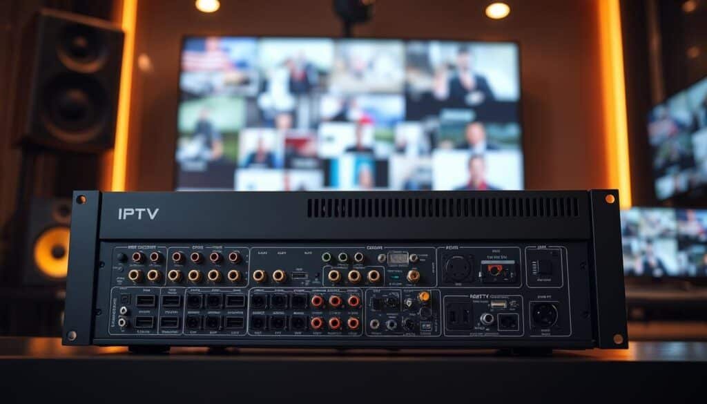 A professional IPTV encoder standing in a modern broadcast studio. The encoder is made of sleek black metal, featuring multiple high-quality input and output ports. Soft, warm lighting illuminates the device, highlighting its complex interior components. In the background, a large, high-resolution display shows a live video feed, demonstrating the encoder's real-time video processing capabilities. The scene conveys a sense of technological sophistication, efficiency, and the benefits of using a professional-grade IPTV encoder for seamless, high-quality streaming.