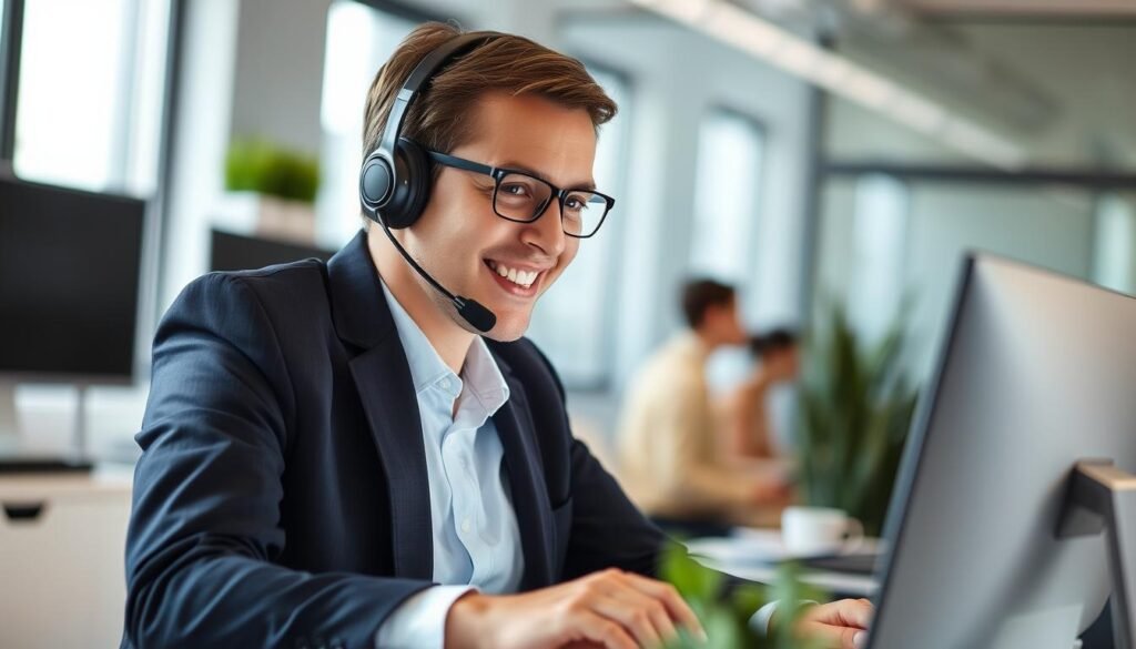 A professional customer service representative wearing a headset and sitting at a desk, providing technical support for a digital TV platform. The scene is brightly lit with natural lighting, creating a warm and welcoming atmosphere. The representative has a friendly and attentive expression, indicating a commitment to addressing the customer's concerns. The background features a clean, modern office setting with minimal distractions, allowing the viewer to focus on the central interaction. The overall composition conveys a sense of efficiency, reliability, and quality customer service that aligns with the section title "Servicio al cliente y soporte técnico de deiptv".