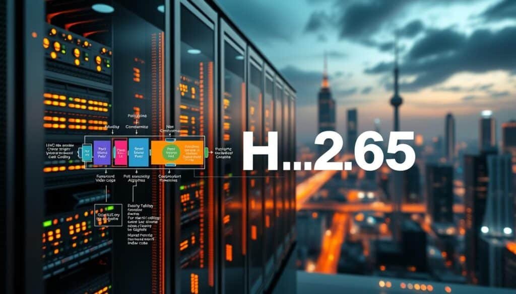 A sleek and modern data center server rack, its intricate circuits and components illuminated by warm LED lighting. In the foreground, a detailed diagram of the HEVC (High-Efficiency Video Coding) H.265 encoding process, with color-coded stages and technical annotations. The middle ground features a 3D model of the H.265 video codec, its intricate architecture and algorithms on display. The background showcases a futuristic cityscape, with skyscrapers and communication towers, representing the vast digital infrastructure powered by this cutting-edge encoding technology. The overall atmosphere conveys the advanced, efficient, and essential nature of HEVC H.265 in the modern streaming and multimedia landscape.