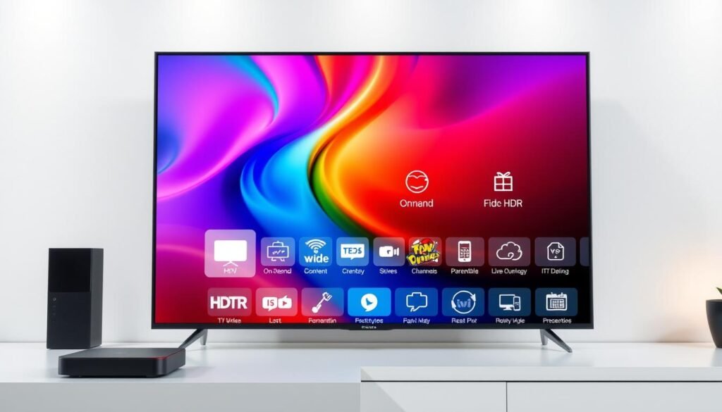 A sleek and modern digital display showcasing the premium features of an IPTV streaming service. In the foreground, a high-definition television screen presents a vibrant, crystal-clear image with a wide color gamut and HDR support. Beside it, a high-end streaming device with a minimalist design radiates an aura of sophistication. The middle ground features an array of intuitive icons and graphics, highlighting the service's on-demand content, live channels, parental controls, and seamless multi-device compatibility. The background is a clean, minimalist environment with subtle lighting, emphasizing the technological advancement and reliability of the premium IPTV offering.