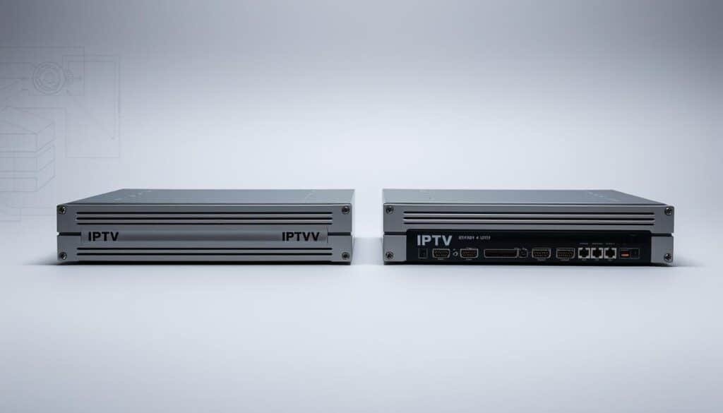 A sleek and modern hardware setup showcasing two IPTV encoder devices side-by-side. The foreground features the devices in a well-lit, minimalist setting, their metallic casings and sharp lines reflecting the high-tech nature of the equipment. The middle ground presents a neutral gray backdrop, allowing the hardware to take center stage. In the background, a subtle grid pattern or subtle technical diagrams provide visual context, hinting at the complexity and precision of IPTV encoding. The overall mood is one of professional, cutting-edge technology, inviting the viewer to compare and contrast the hardware options for their IPTV streaming needs.