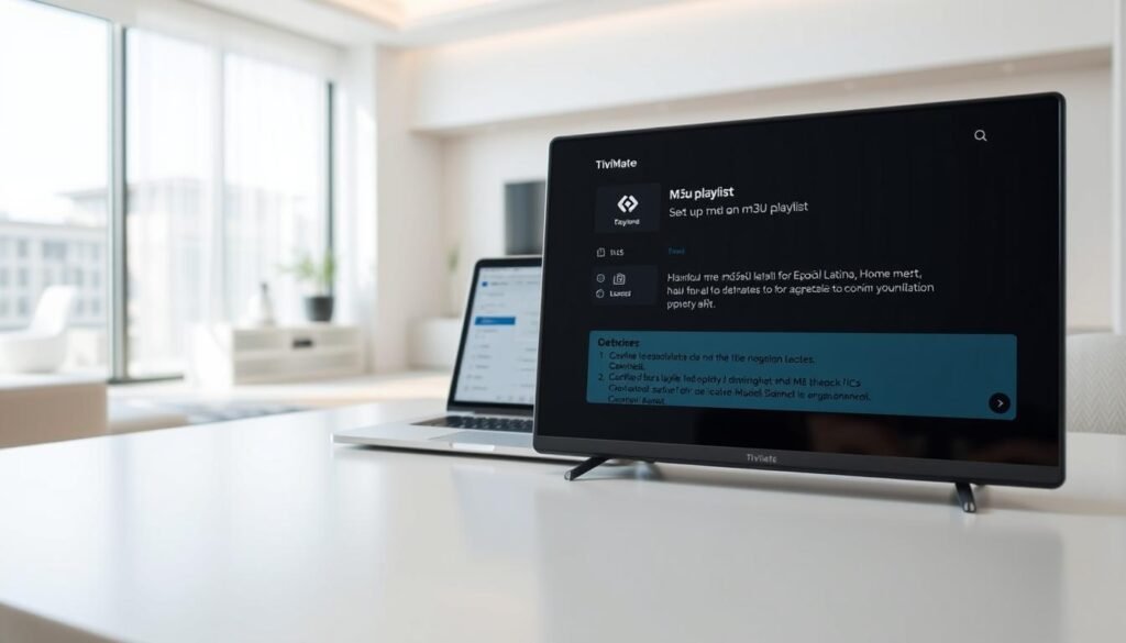 A sleek and modern home screen for the TiviMate IPTV player, illuminated by soft, natural lighting. In the foreground, the TiviMate app interface is prominently displayed, showcasing the options to set up an m3u playlist, with intuitive icons and menus. In the middle ground, a laptop or tablet is visible, open to a webpage displaying a detailed guide on configuring the m3u playlist for Español Latino channels. The background features a minimalist, yet stylish interior design, with clean lines and a neutral color palette, creating a sense of simplicity and focus on the task at hand.