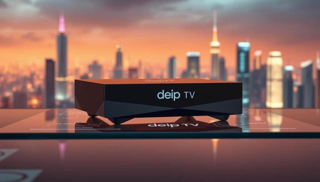 A sleek, modern IPTV streaming device resting on a minimalist glass and metal surface, surrounded by a futuristic digital interface showcasing the deiptv platform's capabilities. Warm, ambient lighting illuminates the scene, creating a sense of technological sophistication. The device's clean, angular design hints at the advanced streaming technology powering the deiptv experience. In the background, a cityscape of towering skyscrapers and glowing data centers symbolizes the interconnected, global nature of the IPTV revolution. The overall composition conveys the innovation, convenience, and immersive visual quality of the deiptv streaming solution.