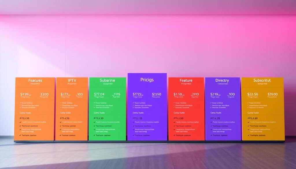 A sleek, modern grid layout showcasing IPTV subscription pricing options. In the foreground, various colorful rectangular tiles display different plan tiers, each with a distinct pricing scheme and feature set. The middle ground features subtle gradients and geometric patterns, creating a visually striking backdrop. Vibrant yet muted lighting casts a soft glow, highlighting the crisp, minimalist design. The overall atmosphere conveys a sense of professionalism, clarity, and the premium quality of the IPTV service. Captured with a wide-angle lens to emphasize the breadth of the pricing options available.