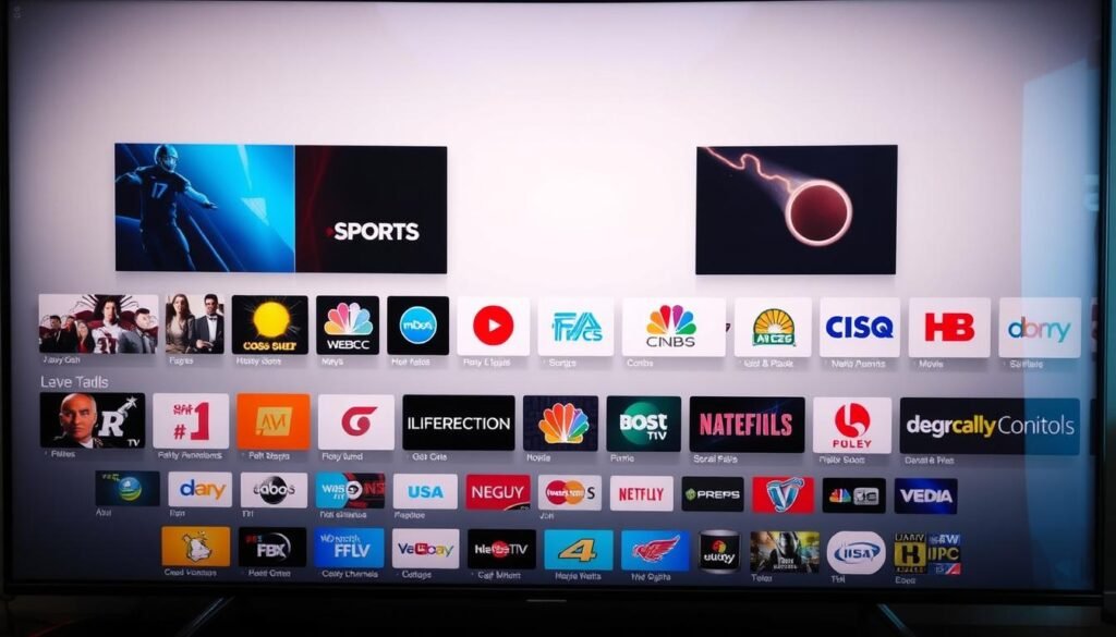 A sleek, modern interface showcasing a diverse selection of IPTV streaming channels. The foreground features a clean, minimalist display with neatly organized icons and thumbnails representing various content genres, from live news and sports to movies, TV shows, and specialty channels. The middle ground depicts a visually striking collection of high-definition channel logos, with vivid colors and sharp, intricate details. The background is a soft, neutral tone, allowing the channel selection to be the focal point and creating a sense of depth and balance. The overall scene is illuminated by a warm, natural lighting that enhances the clarity and vibrancy of the displayed content, conveying a sense of accessibility and user-friendliness.