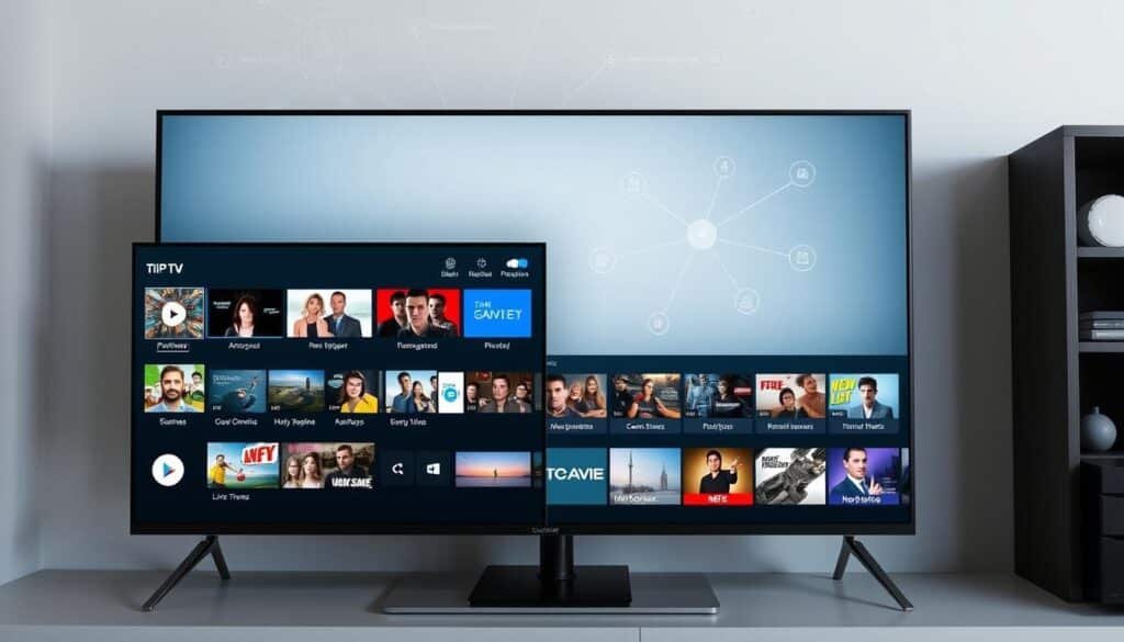 A sleek, modern interface showcasing the premium features of a top-tier IPTV service. In the foreground, a high-definition display presents a diverse selection of live TV channels, on-demand content, and DVR capabilities. The middle ground highlights intuitive navigation, personalized recommendations, and seamless multi-device support. In the background, a subtle network diagram suggests the robust infrastructure and reliable connectivity that underpins the service. Soft lighting and a minimalist aesthetic convey a sense of sophistication and premium quality, inviting the viewer to immerse themselves in the ultimate IPTV experience.