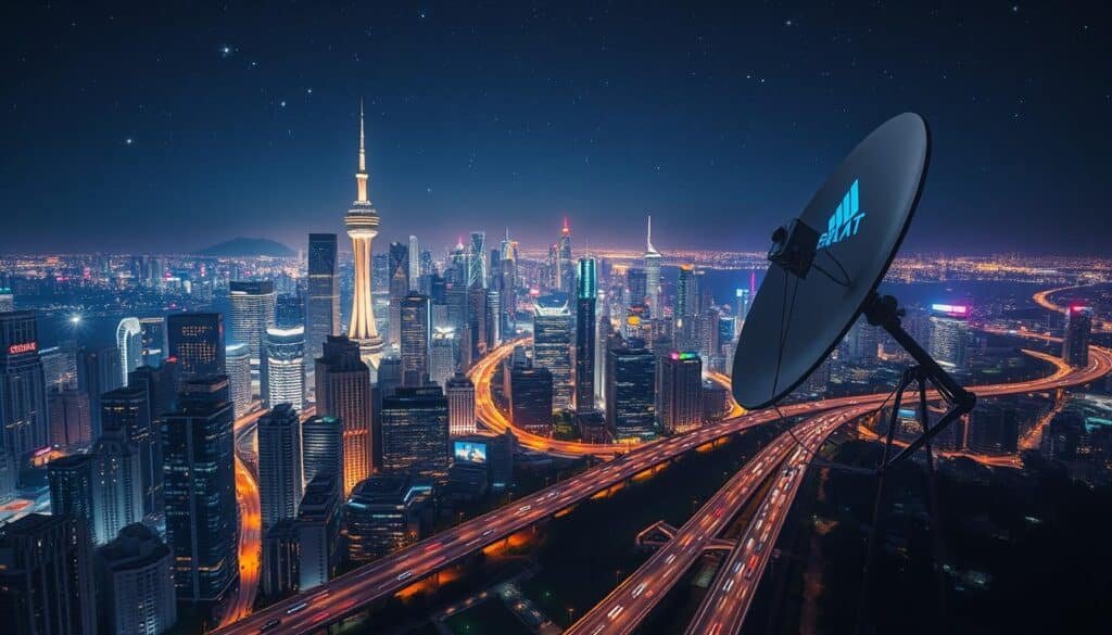 A sprawling global metropolis at night, illuminated by the vibrant glow of IPTV entertainment channels. In the foreground, a cluster of high-rise buildings, their windows emanating a kaleidoscope of colors and patterns. Cutting through the urban landscape, a bustling highway, its vehicles leaving trails of light. In the middle ground, a satellite dish, its reflective surface picking up the neon hues of the cityscape. The background is a starry night sky, hinting at the worldwide reach of these digital entertainment services. The scene conveys a sense of technological innovation, connectivity, and the boundless possibilities of modern global entertainment.