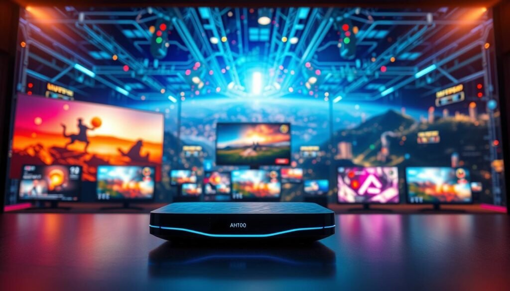 A stunning visual representation of premium IPTV streaming technology. In the foreground, a sleek, futuristic streaming device with a minimalist design, surrounded by a vibrant, colorful display showcasing crisp 4K video playback. In the middle ground, a seamless network of interconnected devices, each displaying different IPTV channels and content, reflecting the versatility and depth of the premium service. In the background, a vibrant, pulsing landscape of data streams, servers, and technology infrastructure, conveying the power and complexity of the underlying IPTV system. The scene is illuminated by a warm, soft lighting that creates a sense of sophistication and premium quality. The overall composition evokes a sense of cutting-edge technology, seamless integration, and the promise of an exceptional IPTV viewing experience.