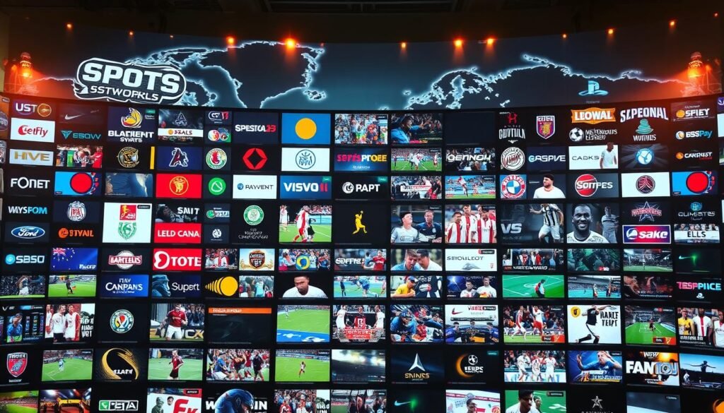 A vast global network of live sports streaming channels, broadcasting from diverse locations around the world. In the foreground, a vibrant display of logos and branding for various sports leagues and networks, each emanating an aura of energy and excitement. The middle ground features a dynamic grid of live video feeds, showcasing a variety of sports events unfolding in real-time, captured with crisp clarity and high-definition resolution. In the background, a stylized world map gently fades into view, highlighting the worldwide reach and interconnectivity of this expansive digital ecosystem. The scene is illuminated by a warm, cinematic lighting that lends an air of professionalism and authority, reflecting the scale and significance of this global live sports streaming phenomenon.