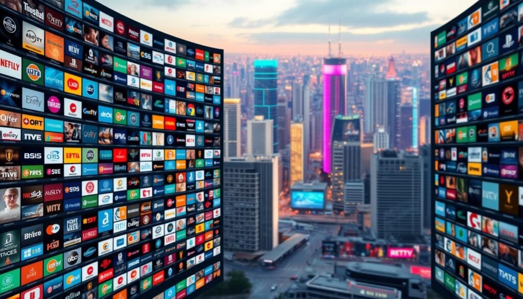 A vast, seamless digital library showcasing a diverse array of IPTV channels. In the foreground, a sophisticated UI displays a grid of vivid channel logos and thumbnails, inviting exploration. The middle ground features a sleek, minimalist interface with intuitive controls, allowing effortless navigation through the expansive collection. In the background, a vibrant, photorealistic cityscape sets the stage, hinting at the global reach and connectivity of this premium IPTV service. Soft, diffused lighting creates a warm, premium ambiance, while a shallow depth of field draws the viewer's focus to the central interface. The overall composition conveys a sense of boundless entertainment and the convenience of accessing thousands of live channels and on-demand content at one's fingertips.