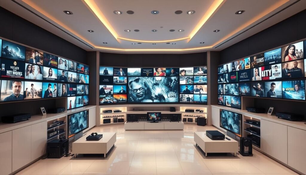 A vast, well-lit entertainment center showcases a massive IPTV content library. Rows of high-definition screens display a diverse array of media - movies, TV shows, live channels, and more. The sleek, modern space is bathed in a soft, ambient glow, creating an inviting and immersive atmosphere. Elegant shelving units hold various streaming devices, while a central command station allows for seamless content navigation. The overall scene conveys a sense of boundless entertainment options at the user's fingertips, ready to be explored and enjoyed.