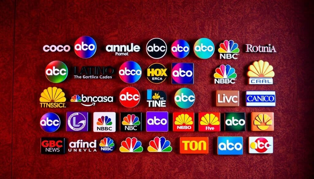 A vibrant and dynamic collection of Latino television channel logos, prominently displayed against a richly textured background. The logos are rendered with meticulous detail, capturing the distinct visual identities of each network. The layout is carefully composed, creating a visually striking and cohesive arrangement that showcases the breadth and diversity of the Latino television landscape. Warm, saturated lighting illuminates the scene, lending a sense of energy and vibrancy. The overall aesthetic conveys a sense of cultural pride and the importance of these channels in the Latino community.